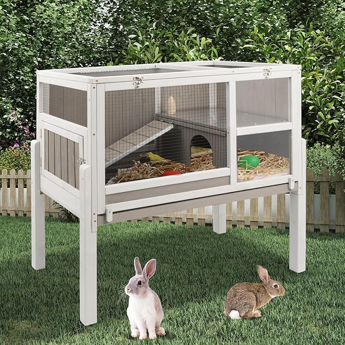 38" L Rabbit Hutch Bunny Cage,Fir Wood Rabbit Cage Indoor Outdoor with Pull Out Tray,Bunny Hutch with Ramp and Hideout,Guinea Pig Cages Rabbit Hutch Indoor with Detachable 4 Legs-PurrikoPets