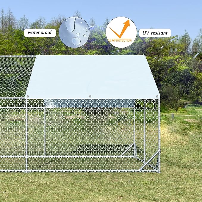 4ever2buy Large Metal Chicken Coop with Run Walk-in Poultry Cage Chicken Runs House Pen Cage Spire Roofed Chicken Coops with Anti-Ultraviolet Cover for Outdoor Yard Farm Use 9.8’L x 13.1’W x 6.4’H-PurrikoPets
