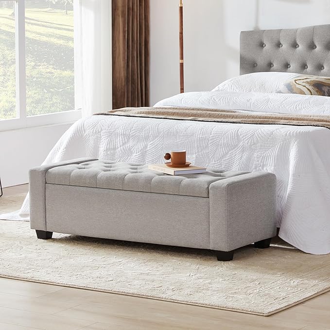 48" Ottoman with Storage, Storage Ottoman Bench with Safety Hinge, Upholstered Entryway Bench with Seating for Bedroom, Living Room, Holds up to 330 lb(Light Gray)-PurrikoPets