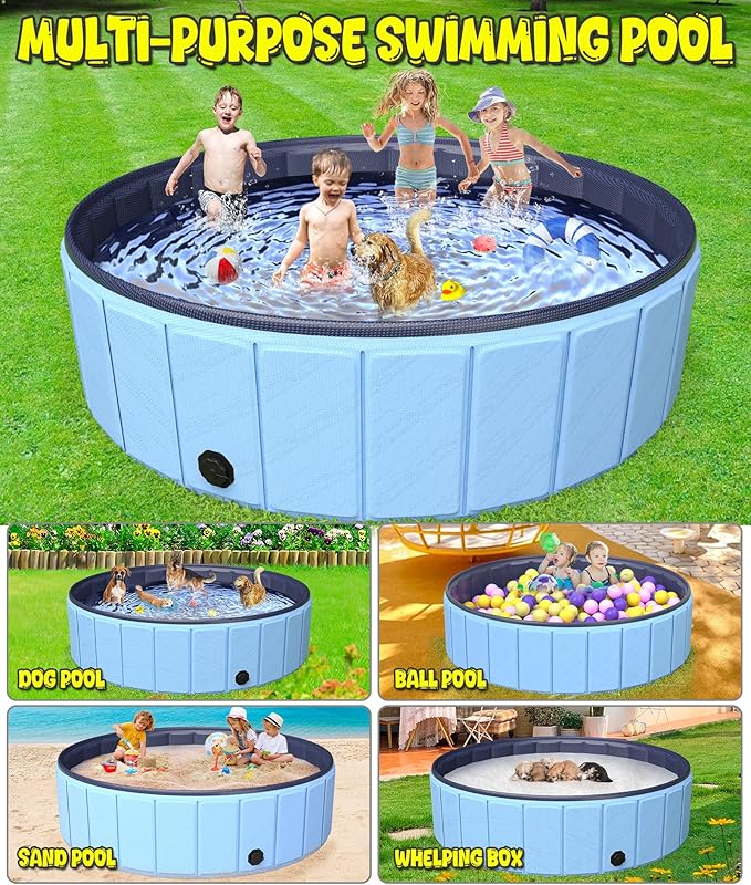 Giant Dog Pool 97"x16", Hyperzoo Foldable Dog Swimming Pool, Hard Plastic PVC Leakproof Doggie Wading Collapsible Pet Bathing Tub for Puppy Small Medium Large Dogs and Kids, Blue-PurrikoPets