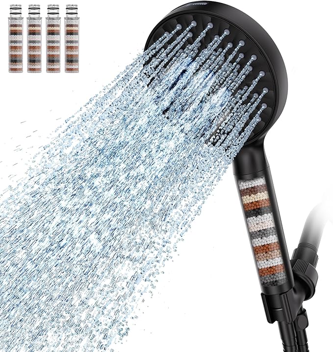 Filtered Shower Head with Handheld, High Pressure 9 Spray Mode Matte Black Showerhead with 4 Filters, Detachable Shower Head, Water Softener Filters Beads for Hard Water - Remove Chlorine-PurrikoPets