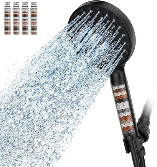 Filtered Shower Head with Handheld, High Pressure 9 Spray Mode Matte Black Showerhead with 4 Filters, Detachable Shower Head, Water Softener Filters Beads for Hard Water - Remove Chlorine-PurrikoPets