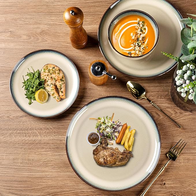 GBHOME Ceramic Dinnerware Sets for 4, 12 Pieces Stoneware Plates and Bowls Sets, Scratch Resistant Dishes, Dishwasher & Microwave Safe, Reactive Glaze-Gravel-PurrikoPets