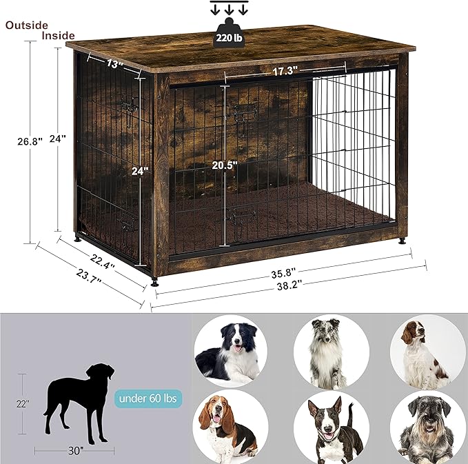 DWANTON Dog Crate Furniture with Cushion, Wooden Kennel Table with Double Doors, Indoor Dog House, Large Size, 38.5" L, Rustic Brown-PurrikoPets