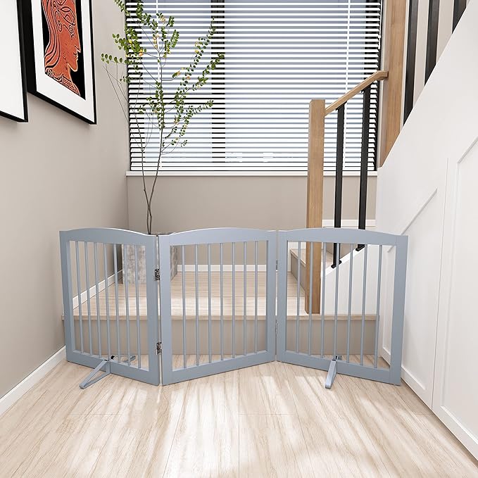 Freestanding Pet Gate for Dogs, Foldable Wooden Dog Gate for House, Indoor Dog Gate for Doorways, Stairs, Gates for Dogs Indoor, Support Feet Included, 24" Height 3 Panels, Grey-PurrikoPets