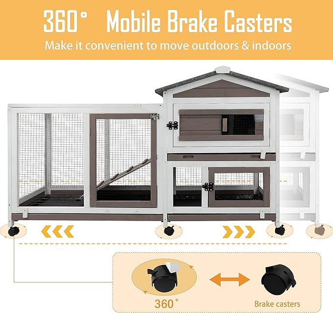 57" L Rabbit Hutch Indoor Outdoor 2 Story Large Bunny Hutch with Run Guinea Pig Cage Wooden Rabbit Cage with Removable 3 Pull Out Trays Pet House for Small-Medium Animals-PurrikoPets