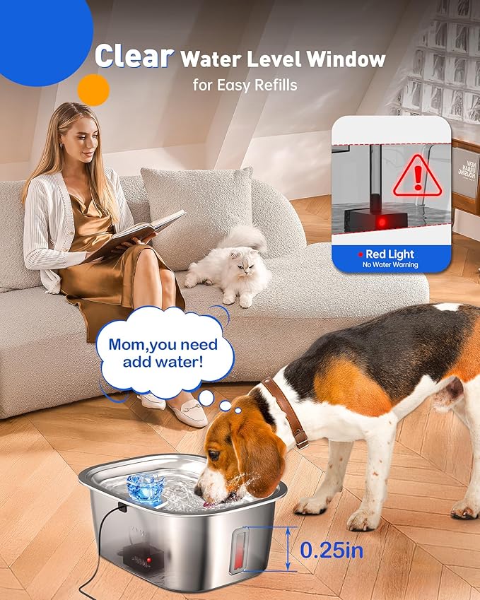 Dog Water Fountain for Large Dogs Stainless Steel, 3Gal Extra Large Dog Water Bowl Dispenser with 2 Filters & Visual Window, Automatic Filtered Pet Fountain Indoor, Quiet Safe Pump with LED Indicator-PurrikoPets