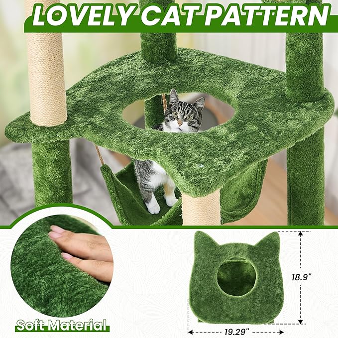 55 Inch Large Cat Tree Tower for Indoor Cats with Hammock Green Leaves Sisal Scratching Post, Plush Hang Ball Play Furniture for Kittens & Adult Cats,New Green-PurrikoPets