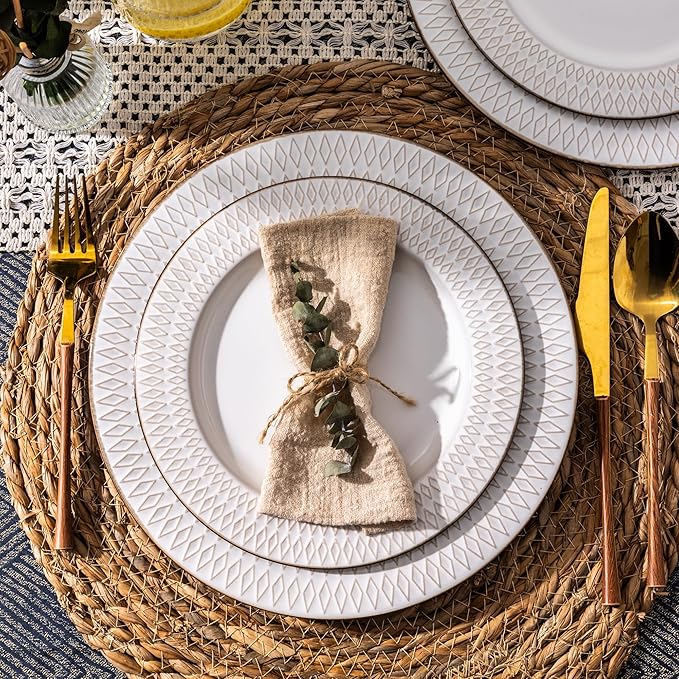 GBHOME Ceramic Dinnerware Sets, 24 pcs Embossed Elegant Stoneware Plates and Bowls Sets, Housewarming Wedding Gift | Dishwasher & Microwave Safe | Dishes Set Service for 8-PurrikoPets