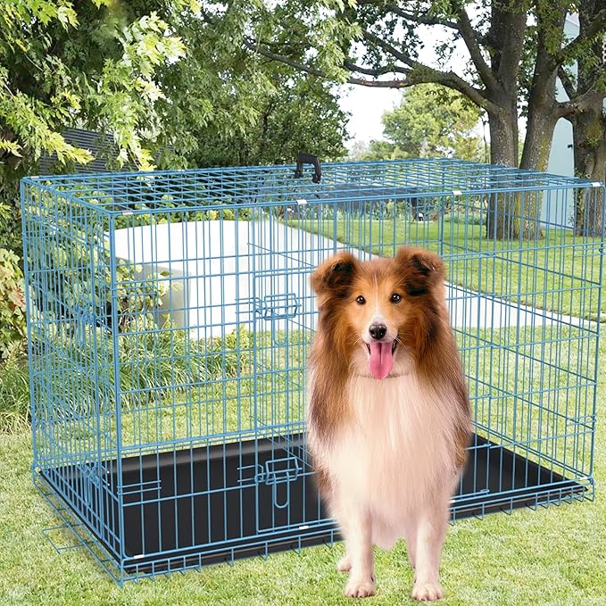 FDW Dog Crate for Large Dogs 48 Inch Folding Metal WirePet Cage Double Door W/Divider Panel Indoor Outdoor Kennel Leak-Proof Plastic Tray,Blue-PurrikoPets