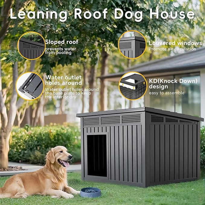 Dog House Indoor Outdoor,Resin Waterproof Puppy Shelter with Air Vents and Elevated Floor,Air Rod on Top to Open,Dog Kennel for Small to Medium Dogs(Black,32.2 * 25.12 * 24.13)-PurrikoPets