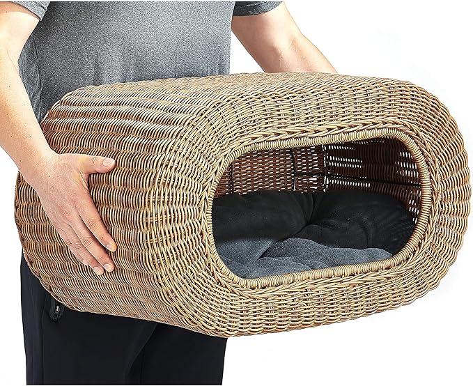 Fun Stackable Wicker Cat Hideaway House - Interactive Play Rattan Cat House for Indoor Cats Kitty, Pet Friendly Top/Side House Entry, Cat Bed Enclosed-PurrikoPets