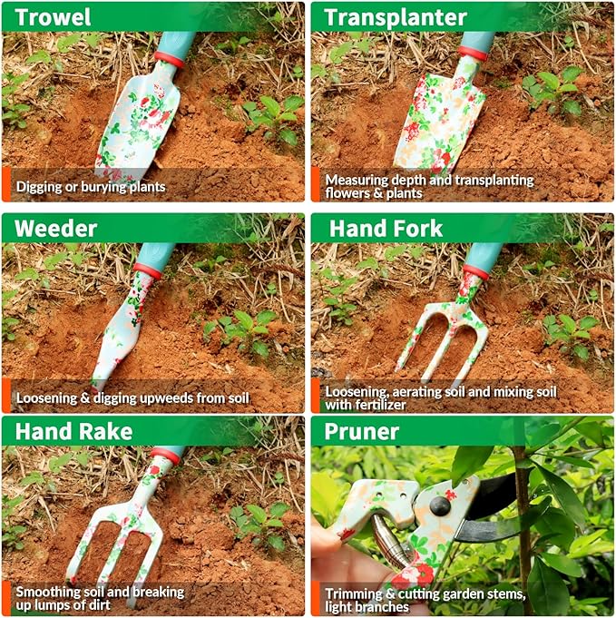Garden Tools Set WANCHI 10 Piece Heavy Duty Floral Garden Tool Set Gardening Gifts for Women Men Birthday Rust-Proof Aluminum Garden Hand Tools Gardening Kit with Tote Bag Apron Glove-PurrikoPets