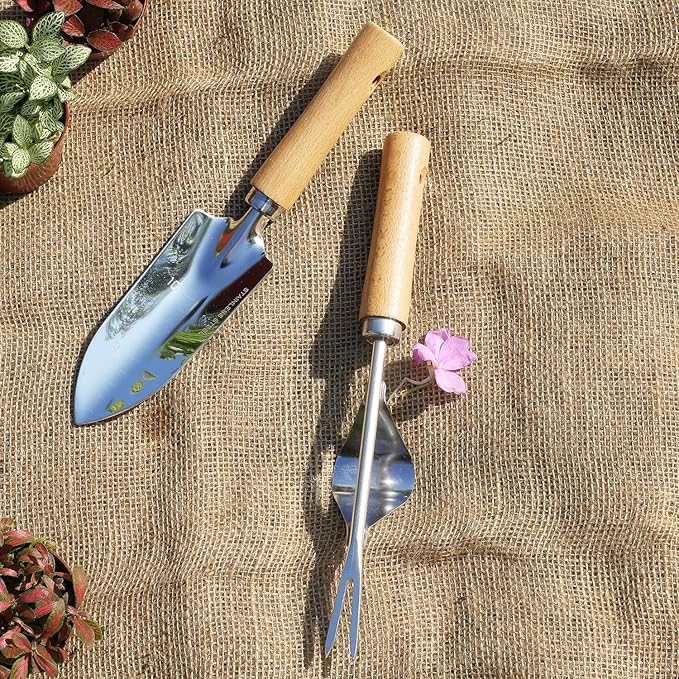Garden Tool Set, 2 Pieces Stainless Steel Heavy Duty Garden Tools, Garden Kit with Ergonomic Wooden Handle, Durable Garden Tools for Gardening, Gardening Gifts for Women-PurrikoPets