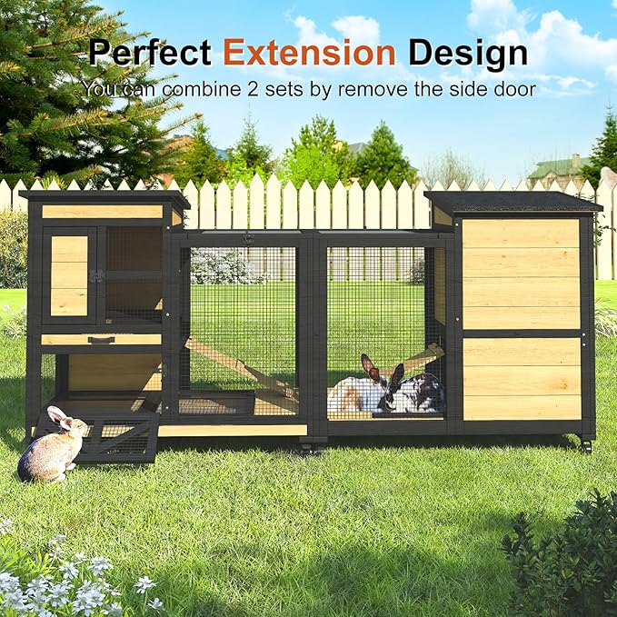 40'' Rabbit Cage Bunny Cage Indoor, Outdoor Rabbit Hutch for Small Animals, 2-Story Wooden Guinea Pig Cages with Wheels & 2 Deeper No Leak Trays, Waterproof Openable Roof & Bottom Wire Mesh-PurrikoPets