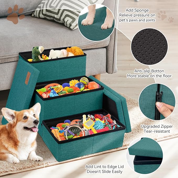 Dog Stairs with Storage 18" H, 3-Step Wider Dog Steps for Small/Medium/Large Old Dogs Cats, Folding Sturdy Pet Stairs for Climbing Bed Couch, Ramp for Car Hold Up to 200 lbs, Dark Green-PurrikoPets