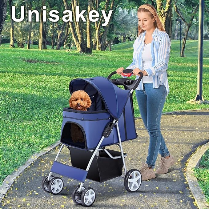 4 Wheels Pet Stroller for Small Medium Dogs Cats 10-33 lbs, Foldable Dog and Cat Stroller with Cup Holder & Storage Basket & Breathable Mesh, Pet Strolling Cart for All-Season, Navy Blue-PurrikoPets