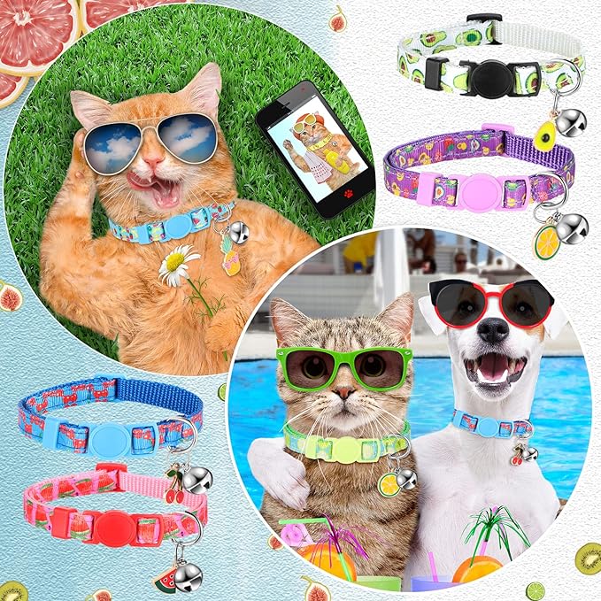 Frienda 12 Pcs Spring Summer Breakaway Cats Collars Girl Cat Safety Adjustable Collars with Bell and Summer Fruit Patterns Pendants Set for Pets Decoration(Medium)-PurrikoPets