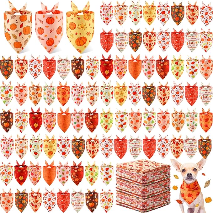 Abbylike 200 Pcs Fall Dog Bandanas Bulk Pumpkin Bandanas for Dogs Pets Triangle Kerchief Bibs Scarf for Fall Autumn Thanksgiving Costume Photo Props Accessories Pet Shops Adoption Events, 25 Styles-PurrikoPets