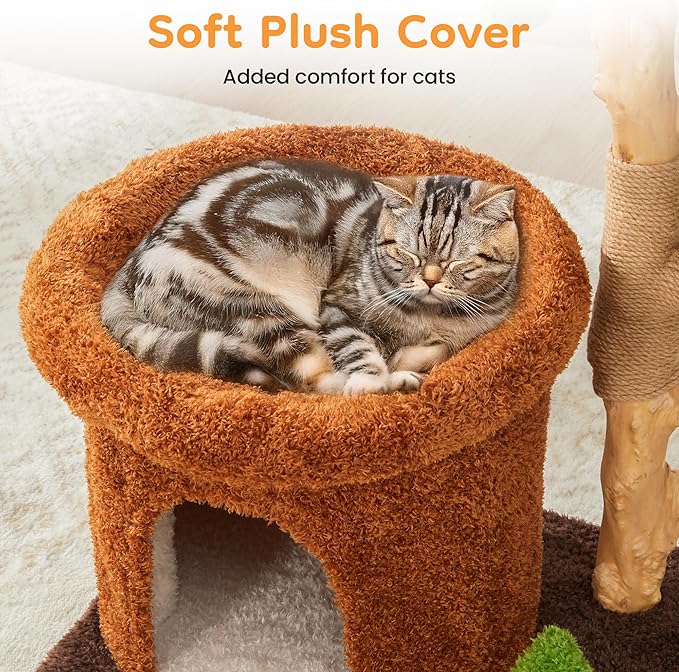 32-Inch Multi-Level Cat Tree Tower, Natural Wooden Cat Furniture with Sisal Scratching Posts, Beds & Condo, Cute Cat Tree for Indoor Cats, Multi-Cat Householdsolds-PurrikoPets