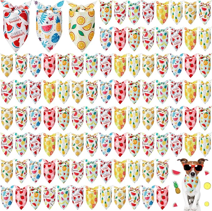 100 Pcs Fruit Dog Bandanas Bulk Summer Bandanas for Dogs Hawaiian Soft Bibs Adjustable Triangle Scarf for Small Medium Large Pet Costume-PurrikoPets