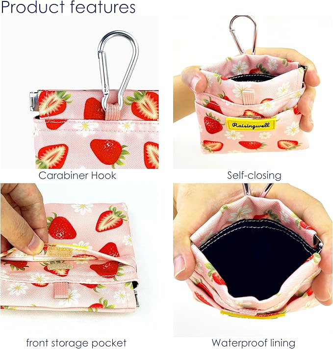 Dog Treat Pouch,Cotton Pocket Sized Training Holder, Hand Free Walking Funny Bag with Carabiner, Self-Closing Pet Feed Snack Reward, Behavior Aids for Puppy Travel or Outdoor Use（Strawberry）-PurrikoPets