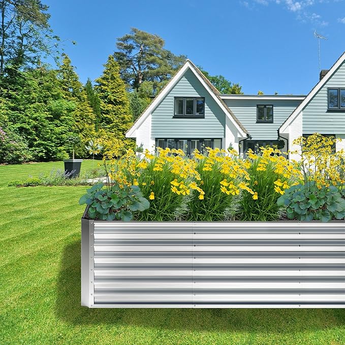 4x2x2FT Galvanized Raised Garden Bed,Planter Raised Beds-Metal Garden Box,Large Plant for Outdoor Planting, Vegetables Bed，Flower,herb-Sliver-PurrikoPets