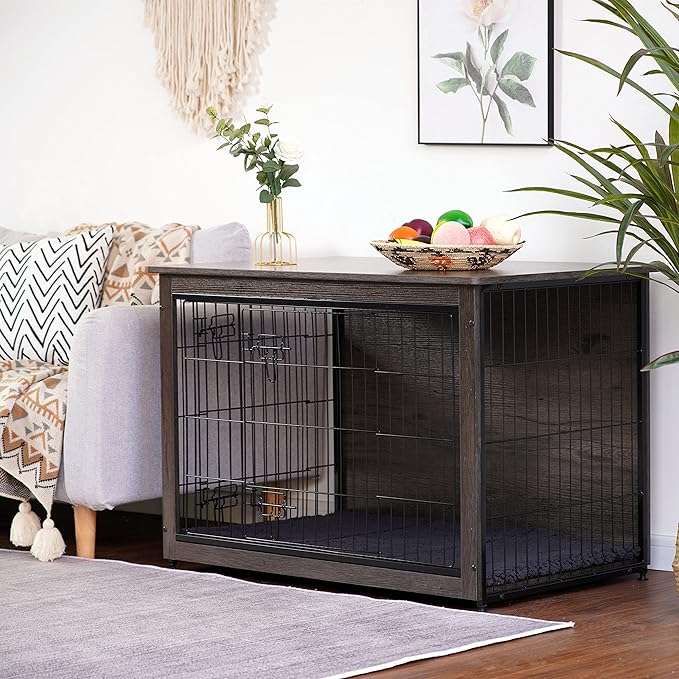 DWANTON Dog Crate Furniture with Cushion, Wooden Kennel Table with Double Doors, Indoor Dog House, Large Size, 38.5" L, Dark Gray-PurrikoPets
