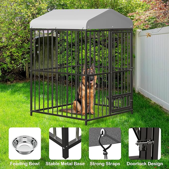 4x4x6 FT Outdoor Dog Kennel,Heavy-Duty Enclosures Outside with UV-Resistant Waterproof Roof Cover and Lock,for Medium and Large Dogs,Easy Assembly-PurrikoPets