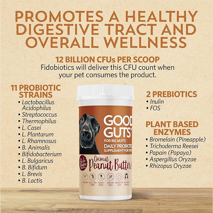 Fidobiotics Good Guts for Big Mutts Probiotic for Dogs, 12 Billion CFUs, 11 Strains, 5 Digestive Enzymes, 2 Prebiotics, Digestive Gut Health for Dogs, Adult & Puppy Probiotics Supplements (20 Days)-PurrikoPets