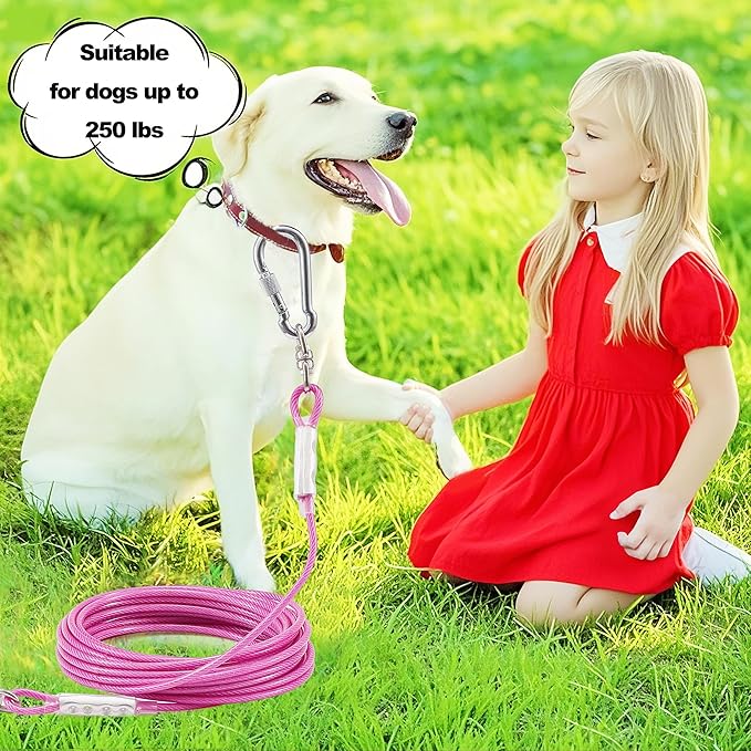 Dog Tie Out Cable for Outside,10FT Long Dog Leash&Chains with Swivel Hook,Small-Large Dogs Runner Cable for Yard,Heavy Duty Dogs Lead Line for Outdoor and Camping (500lbs 10FT, Pink)-PurrikoPets