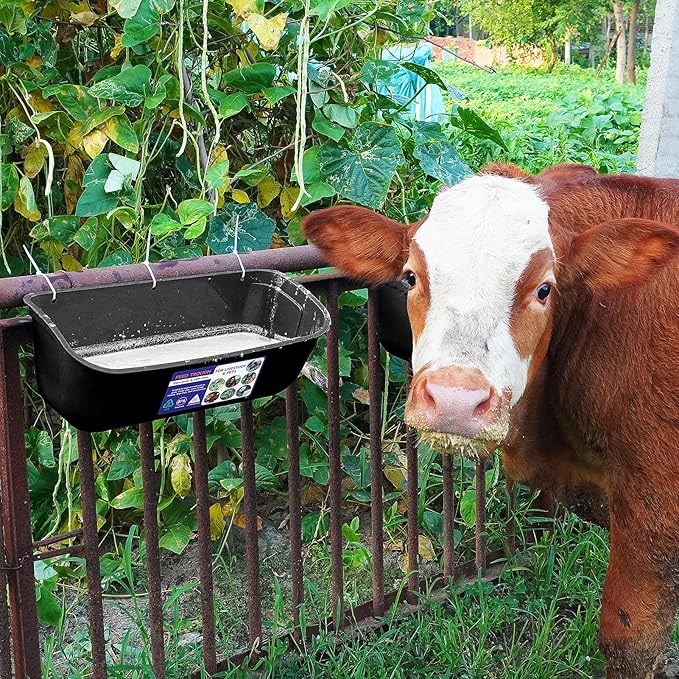 Goovilla Large Feed Trough, Hanging or Screw-in Fence Feeder with Clips, 2 Pack 9 Quart Goat Feeder Supplies, Dog Horse Hog Pig Livestock Poultry Plastic Feeder Trough Bucket for Large Animal, Black-PurrikoPets