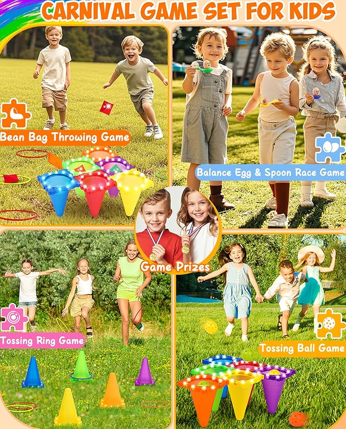 Eocolz 49PCS Carnival Games Outdoor Combo Set for Kids with LED Light, Plastic Cones Obstacle Course Bean Bags Balls Ring Toss Game Egg and Spoon Race Lawn Game, Gift for Birthday Party/Xmas/Easter-PurrikoPets