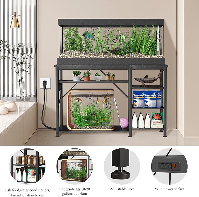 55-75 Gallon Fish Tank Stand: Heavy Duty Aquarium Stand with Power Outlets and Cabinet for Fish Tank Accessories Storage - Metal Frame, 1200LBS Capacity, Suitable for Fish & Reptile Terrariums-PurrikoPets