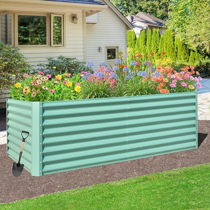 Domi Raised Garden Beds Outdoor, 8x4x2ft Thickening Tall Metal Rectangular Deep Root Box Planter for Vegetables, Flowers, Herbs, and Succulents 2" Deep w/ 456 Gallon Capacity - Green-PurrikoPets