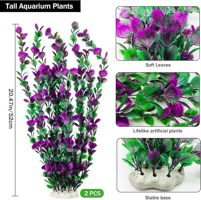 20.47 Inch Tall Aquarium Plants – Large Lifelike Artificial Fish Tank Decorations, 2 Pcs Fish Tank Plants Plastic，Durable & Safe for Freshwater/Saltwater Aquariums (Purple (Style C))-PurrikoPets