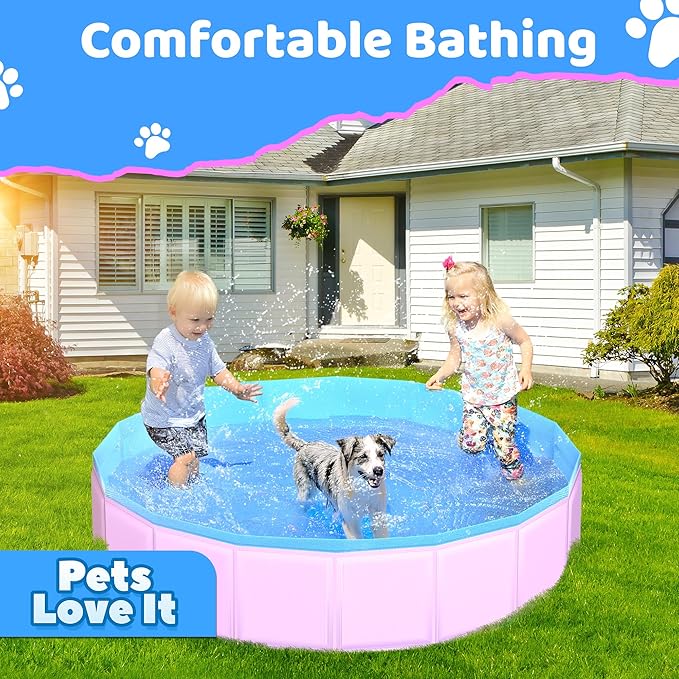 2025 Updated Foldable Dog Pool, 47" x 12" Kiddie Pool with Hard Plastic, Non-Slip Dog Bath Tub for Outdoor Backyard, Collapsible Dog Swimming Pool for Kids Dogs Pets (Pink)-PurrikoPets