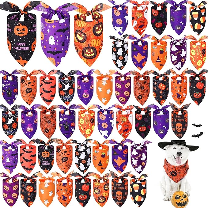 Abbylike 50 Pcs Halloween Dog Bandanas Bulk Pumpkin Bandanas for Dogs Triangle Kerchief Bibs Scarf Set for Pet Halloween Costume Photo Props Accessories Pet Shops, 25 Styles (25.6 x 17.7 x 17.7")-PurrikoPets