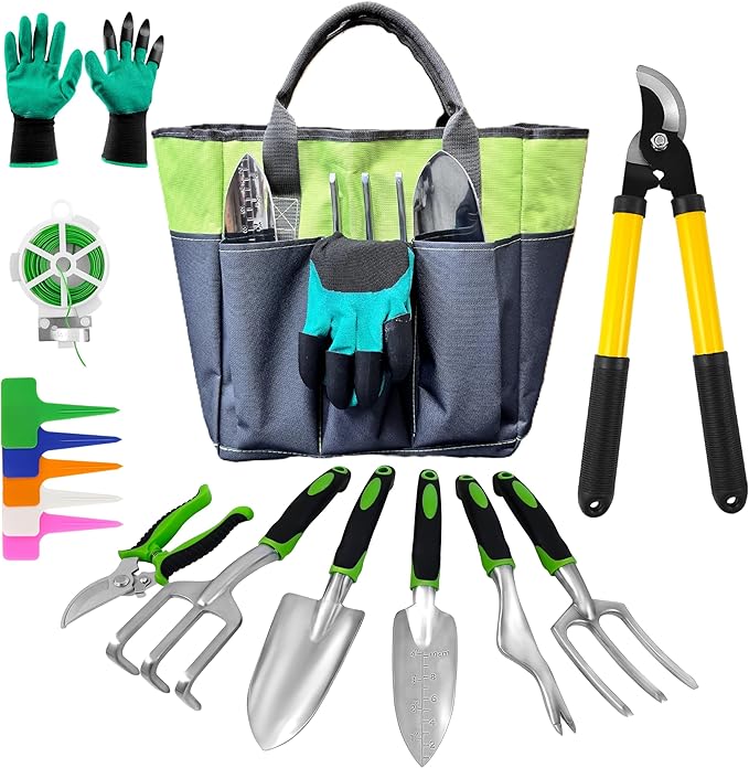 41-Piece Premium Gardening Tool Set, Stainless Steel Heavy Duty Gardening Tool Kit, with Non-Slip Rubber Grip, Storage Tote Bag, Outdoor Hand Tools, Ideal Gardening Gifts for All (Green/Grey)-PurrikoPets
