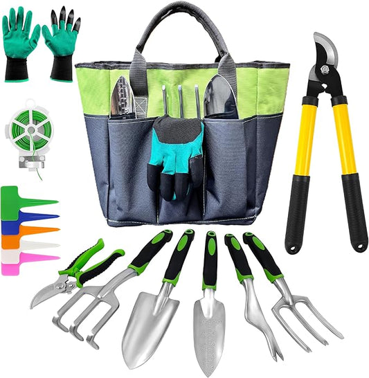41-Piece Premium Gardening Tool Set, Stainless Steel Heavy Duty Gardening Tool Kit, with Non-Slip Rubber Grip, Storage Tote Bag, Outdoor Hand Tools, Ideal Gardening Gifts for All (Green/Grey)-PurrikoPets