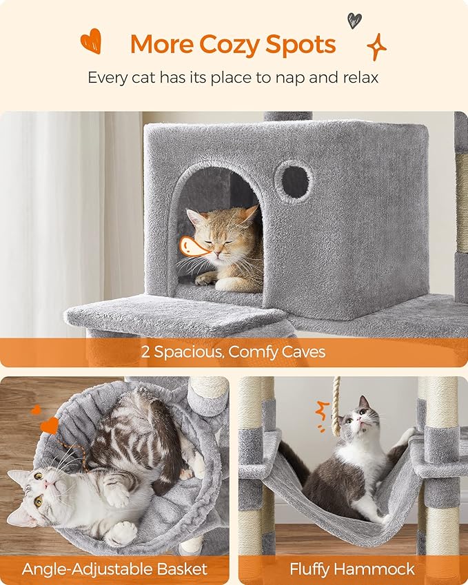 Feandrea Cat Tree, 81.1-Inch Large Cat Tower with 13 Scratching Posts, 2 Perches, 2 Caves, Basket, Hammock, Pompoms, Multi-Level Plush Cat Condo for Indoor Cats, Light Gray UPCT190W01-PurrikoPets