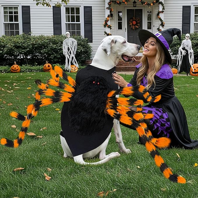 Dog Halloween Costume Large Breed, Furry Dog Spider Costume with 64 LED, Funny Halloween Dogs Costumes for Large Dogs Medium Pet Halloween Party Cosplay (Orange)-PurrikoPets