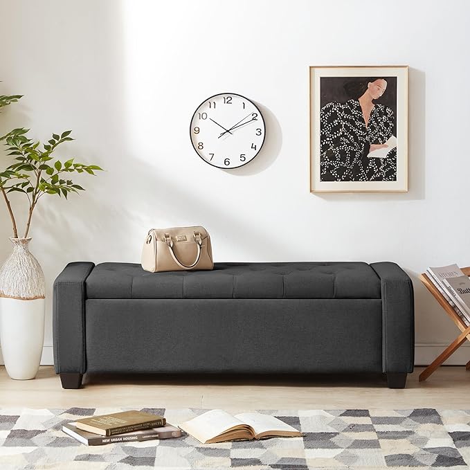 48" Ottoman with Storage, Storage Ottoman Bench with Safety Hinge, Upholstered Entryway Bench with Seating for Bedroom, Living Room, Holds up to 330 lb, Dark Gray-PurrikoPets