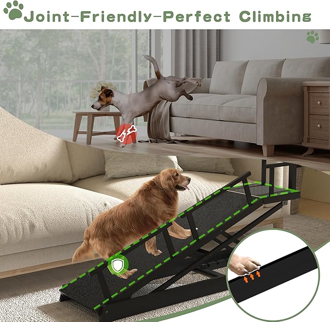 6 Level Height Adjustable Dog Ramp for Bed, Couch 65" Foldable Pet Ramp with Non-Slip Mat，DIY Glow Strips & Rest Platform Heavy Duty Dog Stairs for Large Dogs up to 200Lbs ，Black-PurrikoPets
