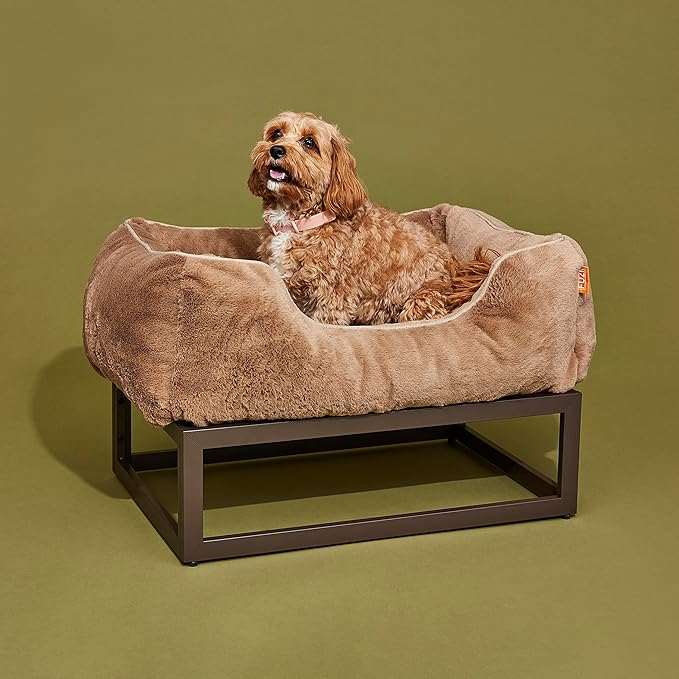 FUZI Luxury Aesthetic Dog Bed for Medium Dogs with Washable Cover, Pet Couch, Pet Bed with Sides, Non-Slip Bottom, Soft and Durable Calming Dog Bed, Faux Rabbit Fur, Medium 31.75x23.6x9.5 Light Brown-PurrikoPets