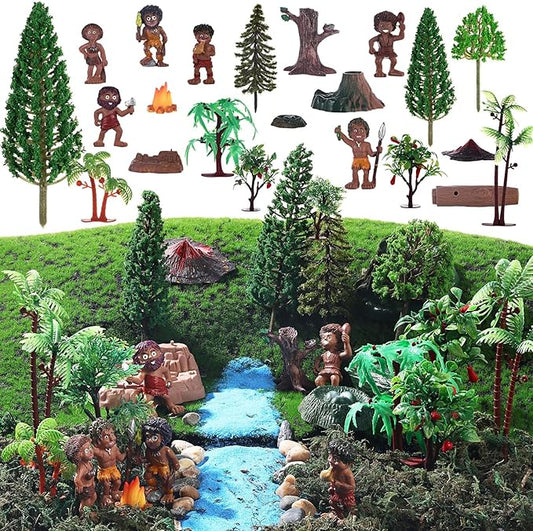 27 Pcs Primitive Man Figurines Kit, Include Diorama Supplies Mini People Figures Mixed Model Trees Stone Sand for Diorama Box Educational School Project Gift-PurrikoPets