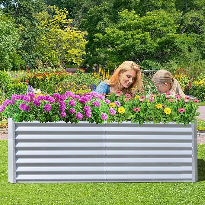 Domi Raised Garden Beds Outdoor, 6x3x2ft Thickening Tall Metal Rectangular Deep Root Box Planter for Vegetables, Flowers, Herbs, and Succulents 2" Deep w/ 256 Gallon Capacity - Silvery-PurrikoPets