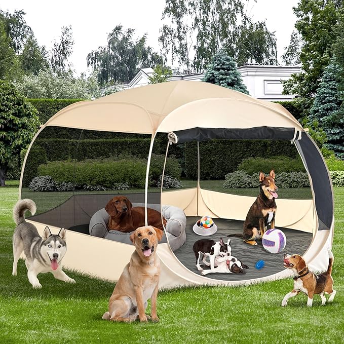 EighteenTek XXLarge Popup Portable Dog Houses, 10'x4.8'H Assembly-Free Gazebo-Style Dog Cot Cat Playpen Screen Pet Tent Sun Shade Shelter Dog Bed with Canopy for Outdoor Anti-Bugs with Leakproof Floor-PurrikoPets