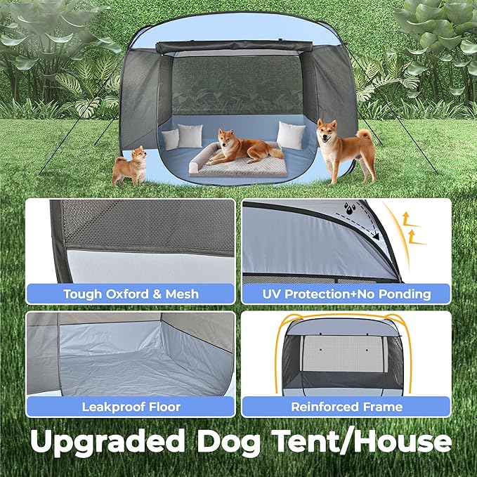 EighteenTek XLarge Popup Portable Dog Houses, 5.3'x4'H Assembly-Free Gazebo-Style Dog Cot Cat Playpen Screen Pet Tent Sun Shade Shelter Dog Bed with Canopy for Outdoor, Anti-Bugs with Leakproof Bottom-PurrikoPets