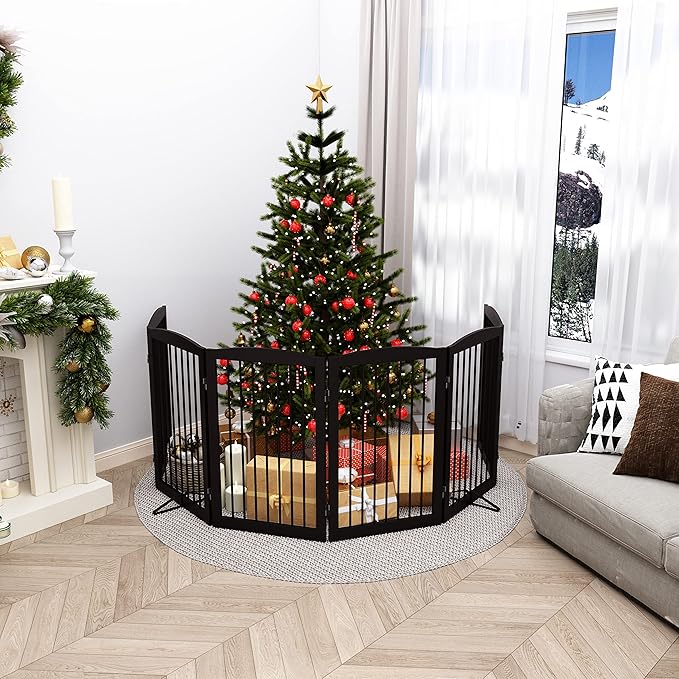 Freestanding Pet Gate for Dogs, Indoor Wooden Foldable Dog Gate for House, Extra Wide, Pet Fence for Stairs, Doorways, Halls, Support Feet Included, 120 Inch Wide, 6 Panels 32",Brown-PurrikoPets